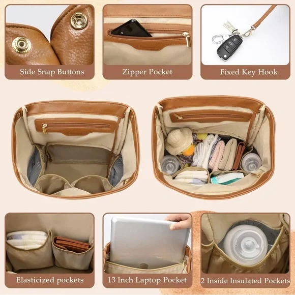 New Leather Diaper Backpack Bag with 12 Organizing Pouches,Changing Pad(Brown) - Picture 3 of 14